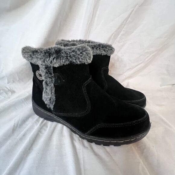 Khombu Womens Lily Faux Fur Trim Water Resistant Black Suede Boot Sz 9 Round Toe - Picture 1 of 6